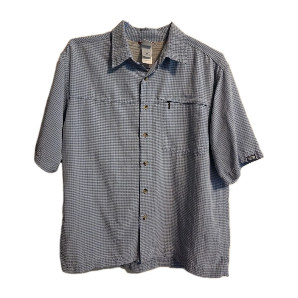 The North Face blue plaid short sleeve button up,  zip pocket, Size M